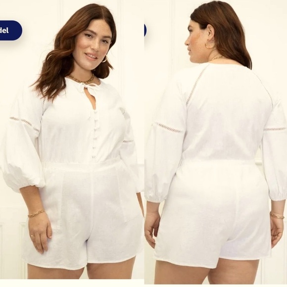 Eloquii Elements Women’s Plus Size Romper with Trim Linen Blend Cream,size 14 - Picture 1 of 12